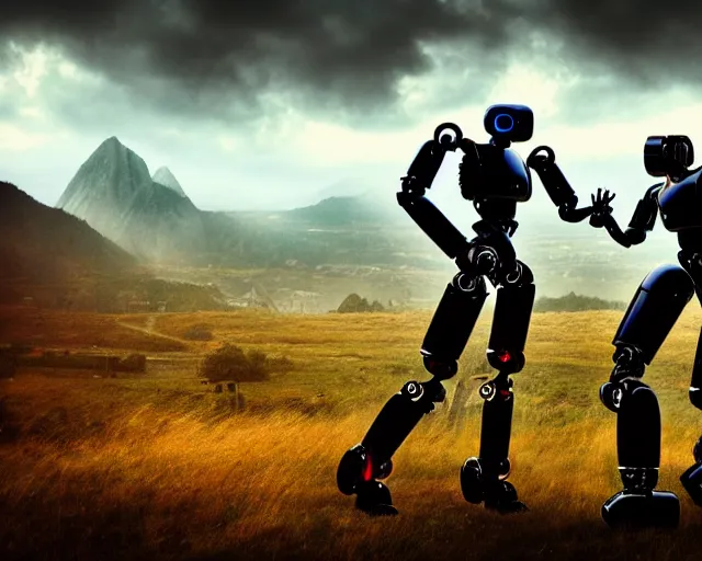 Prompt: two humanoid futuristic robot fighting each other, landscape, Cyberpunk, Steampunk, close up, cloudy, mountains on background, peaceful day