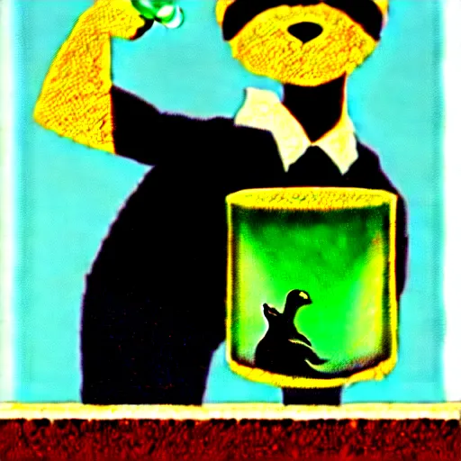 Image similar to a man holding a martini with an otter swimming in it while the otter gives a thumbs up in a 1 9 2 0 s advertisement poster