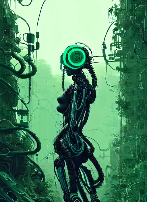 Image similar to highly detailed portrait of a biopunk cyborg long curly white hair tribal lady, stray wiring by atey ghailan, james gilleard, by joe fenton, by greg rutkowski, by greg tocchini, by kaethe butcher, 4 k resolution, gradient green, black and white color scheme!!! ( ( forested robotic dense jungle background ) )