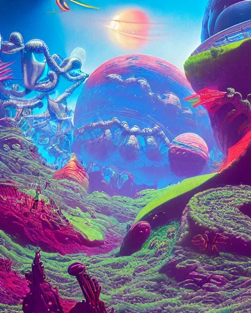 Prompt: rave party on a blue planet by roger dean, biomechanical, 4 k, hyper detailed