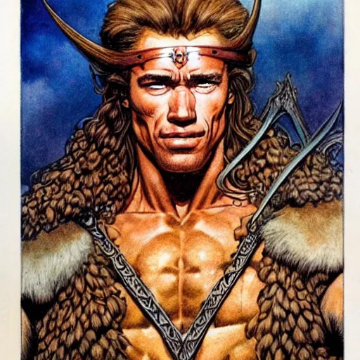 Prompt: a realistic, very beautiful and atmospheric portrait of young arnold schwarzenegger as a druidic warrior wizard looking at the camera with an intelligent gaze by rebecca guay, michael kaluta, charles vess and jean moebius giraud