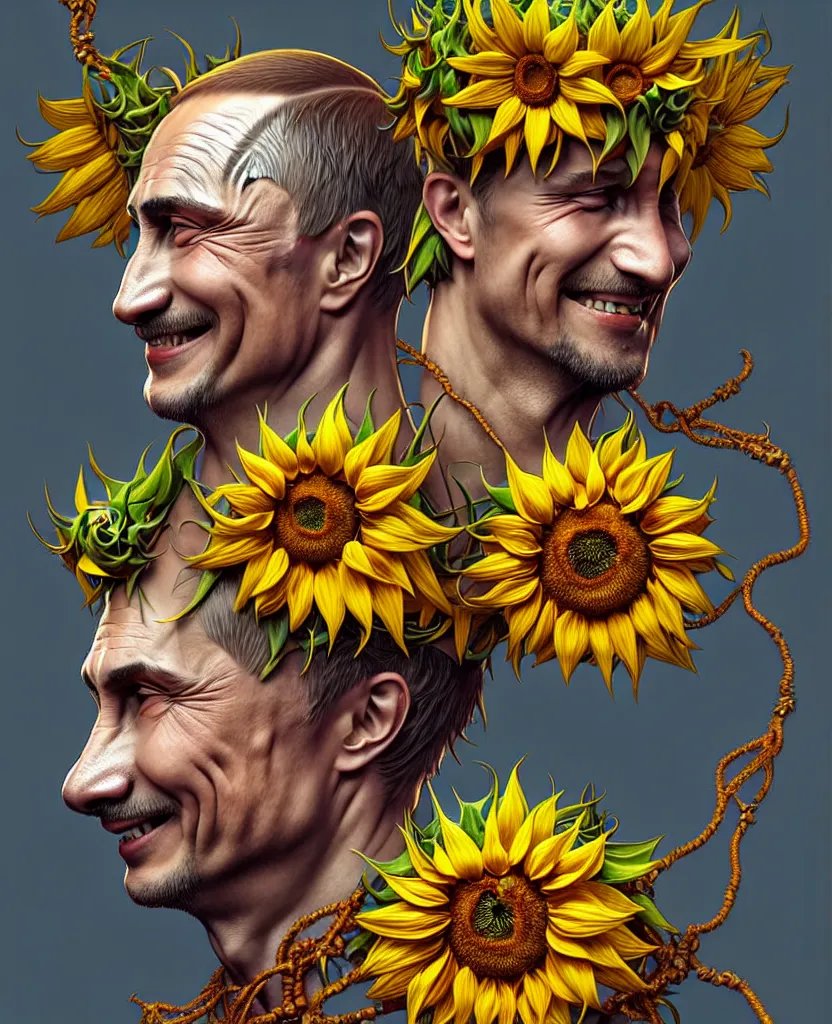 Image similar to digital art, centered full body of Putin smiling king, Sunflower crown, ,intricate, veins, by James Jean and by artgerm , by ross tran ultradetailed, charachter design, concept art, trending on artstation,