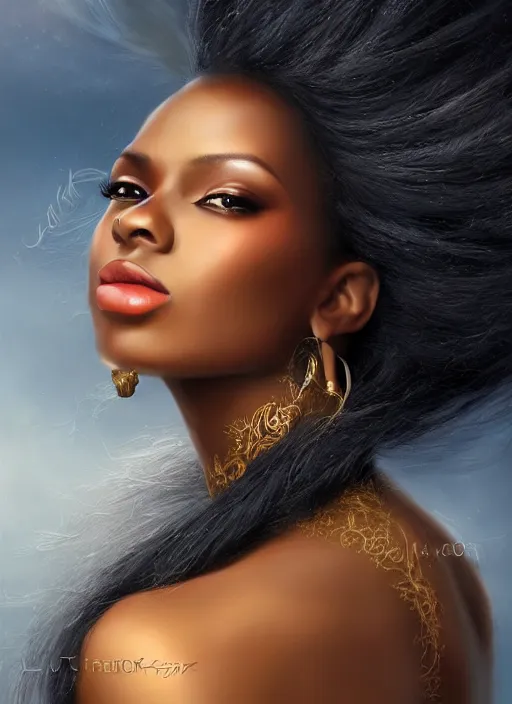 Image similar to a beautiful african woman, 8 k, hyperrealistic, hyperdetailed, beautiful face, long hair windy, dark fantasy, fantasy portrait by laura sava