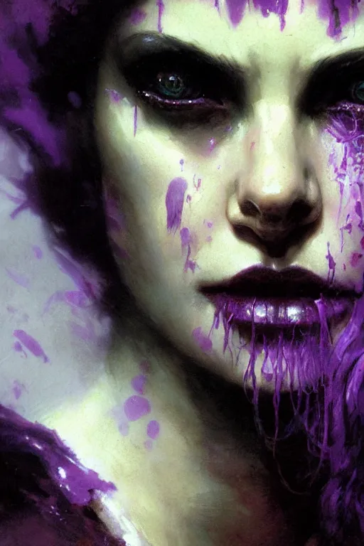 Prompt: extreme close up, facial portrait, woman in witch outfit, purple accents, stoic, grim dark, moody, portrait dnd, painting by gaston bussiere, craig mullins, greg rutkowski, yoji shinkawa