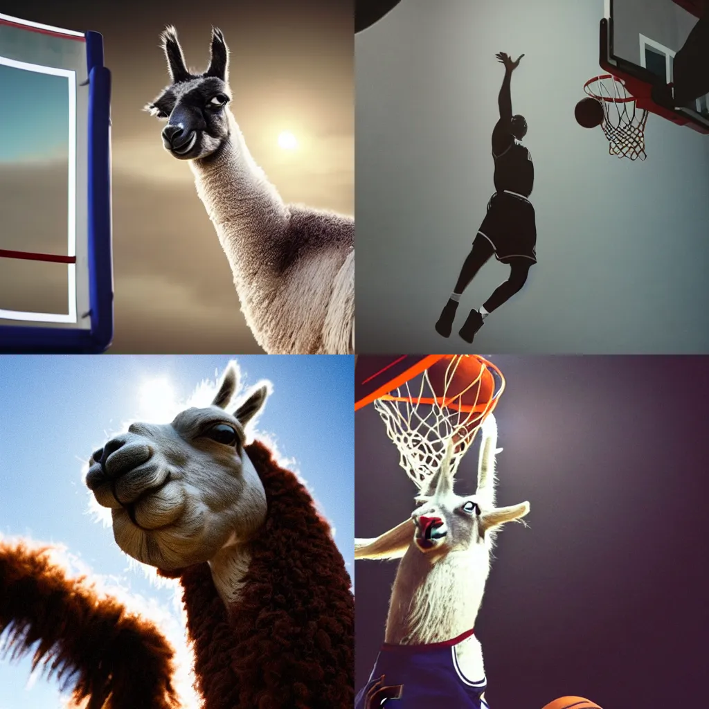 Prompt: film still of a llama in a jersey dunking a basketball like michael jordan, low angle, show from below, tilted frame, 3 5 °, dutch angle, extreme long shot, high detail, indoors, dramatic backlighting