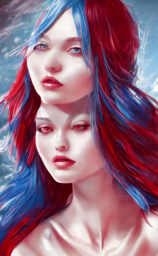 Prompt: the prettiest woman with silver blue hair, in a red and white dress portrait, dynamic lighting, fantasy concept art, trending on art station, stunning visuals, creative, cinematic, ultra detailed, ray tracing, sun rays, hyper realistic