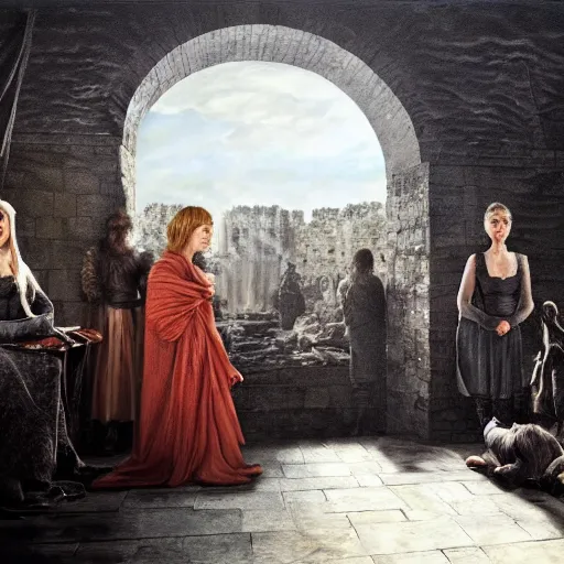 Image similar to game of thrones trailer, moody, highly detailed, dynamic lighting, painting by caravaggio, oil painting, realism