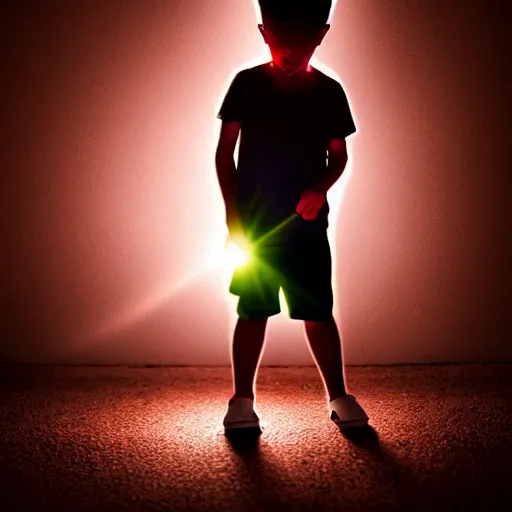 Prompt: a small child holding a flashlight to his face, dark background, vignette, clear photorealistic