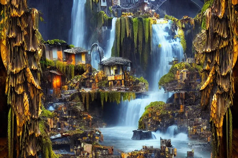 Image similar to elegance, futuristic waterfall favela graveyard honeycomb hive, art nouveau environment, magma, industrial factory, award winning art, epic dreamlike fantasy landscape, ultra realistic,