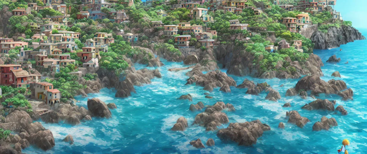 Image similar to pixar 3D render, by studio ghibli, (french bande dessinée), solarpunk, 1244, fantasy setting, jrpg, mediterranean landscape, quaint old village, cinq terre, highly detailed, luminous, white rock, bright beautiful teal sky and sea, style by moebius, radiosity, concept art, unreal engine