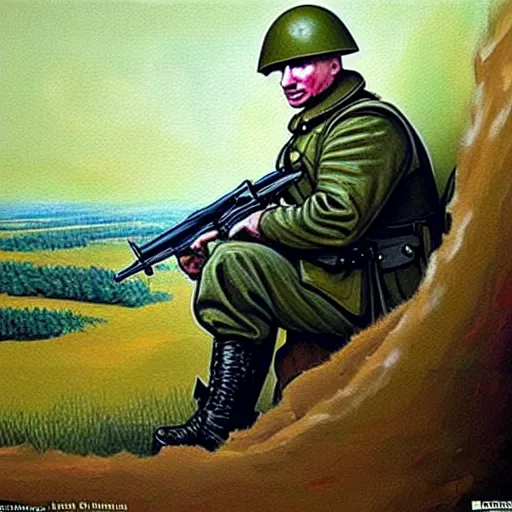 Image similar to Putin is sitting in the trenches and defending himself from Ukrainian troops, Retro futuristic painting style