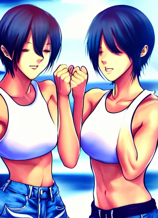 Image similar to two beautiful identical female fighters with short hair facing each other in gym, jean shorts, white top, dim lighting, gorgeous features, high resolution, detailed anime art