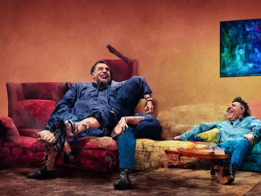 Image similar to detailed digital painting of till lindemann sits on the couch with grandmother and laughing by handoga, stunning scene, 4 k, realism, bright colors, trending on artstation
