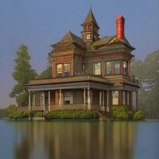 Prompt: Victorian mansion in rural Maine, a lake behind it, Michael Whelan, artstation, Darrell K Sweet, concept art