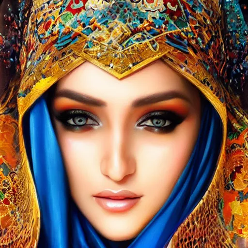 Prompt: a beautiful arabian woman wearing a kaftan by karol bak, ayami kojima, artgerm, arabian beauty, blue eyes, smile, concept art, fantasy