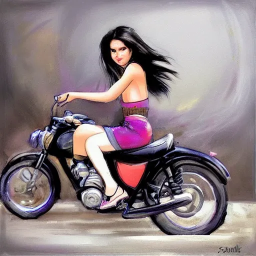 Prompt: a beautiful brunete girl in a moto, in the style of thomas saliot