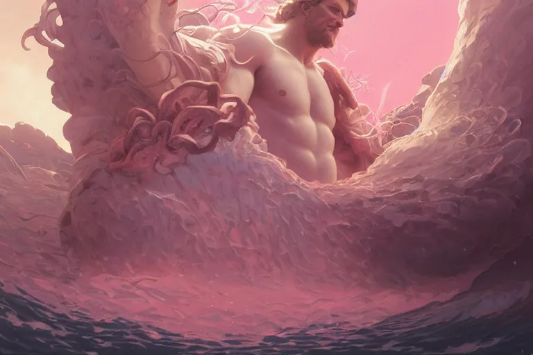 Prompt: highly detailed portrait of zeus emerging from a giant pink seashell, unreal engine, fantasy art by greg rutkowski, loish, rhads, ferdinand knab, makoto shinkai and lois van baarle, ilya kuvshinov, rossdraws, tom bagshaw, alphonse mucha, global illumination, radiant light, blue ocean, sea foam