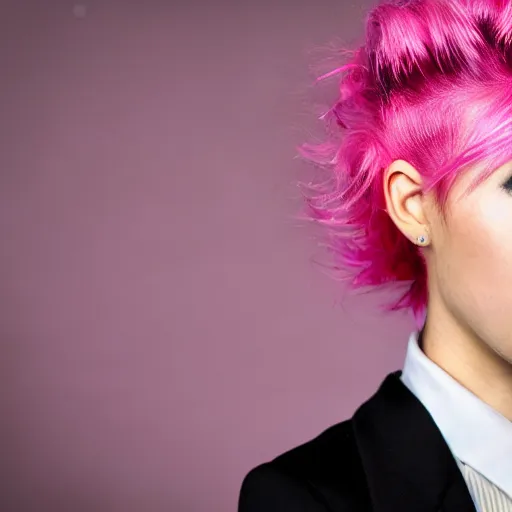 Prompt: a girl with pink hair wearing a suit and tie