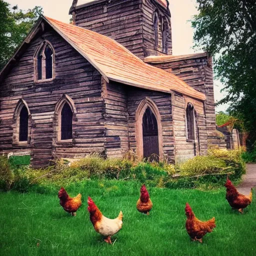 Prompt: beautiful church that looks like a kid, chickens are everywhere