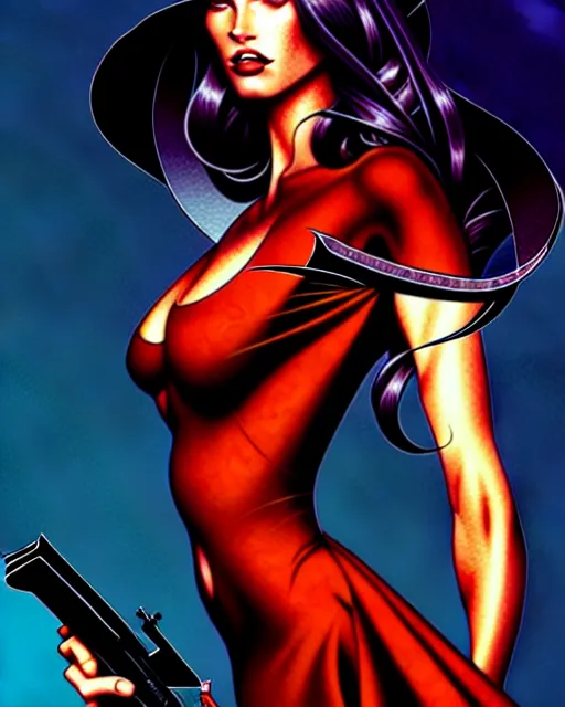 Image similar to artgerm, joshua middleton comic cover art, full body pretty megan fox holding a shotgun, red dress, symmetrical eyes, symmetrical face, long curly black hair, dark city background, cinematic lighting