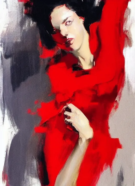 Prompt: fashion model in red dress, painting by phil hale, fransico goya,'action lines '!!!, graphic style, visible brushstrokes, motion blur, blurry, visible paint texture, crisp hd image