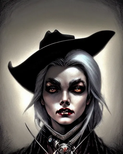 Image similar to ashe from overwatch, cowgirl, black cowboy hat, white hair, character portrait, portrait, close up, concept art, intricate details, highly detailed, horror poster, horror, vintage horror art, realistic, terrifying, in the style of michael whelan, beksinski, and gustave dore