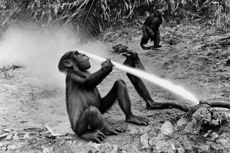 Image similar to chimp using a flame thrower in world war 2
