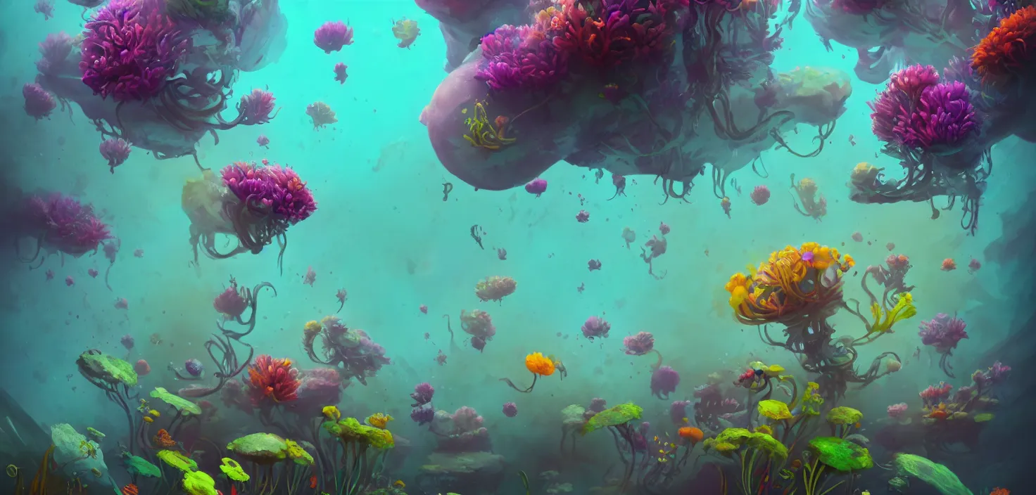 Prompt: colourful murky nature with the flowers in underwater, in the style of craola, shallow depth of field, highly detailed, digital painting, trending artstation, concept art, illustration, cinematic lighting, vibrant colors, photorealism, epic, octane render