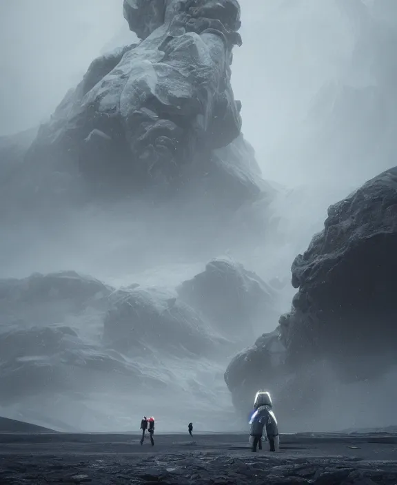 Prompt: surreal romantic stranded valley prometheus horizontal white mecha building architecture by ruan jia, futuristic blame, white architecture in the beach in iceland, foggy, highly detailed, digital painting, arstation, concept art, hyperealistic octane render, unreal engine