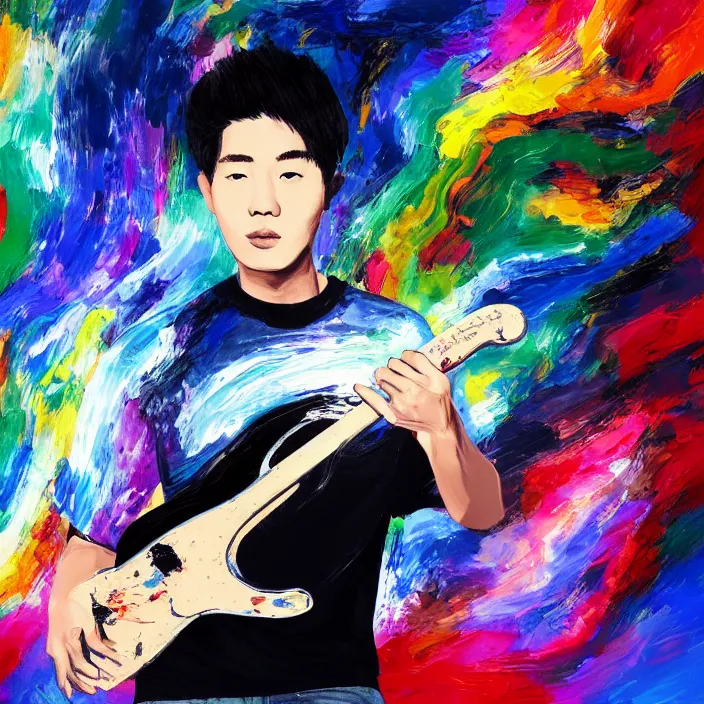 Prompt: abstract swirly brush strokes painting of a young korean man wearing black t shirt holding a telecaster!!! electric guitar!!, dark swirly background, huge dramatic brush strokes, matte colors, abstract, masterpiece, impressionist, trending on artstation