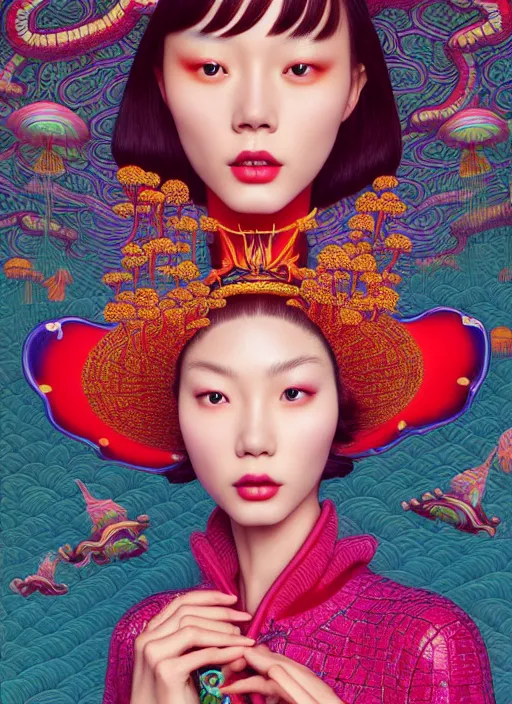 Image similar to pretty chinese model with magic mushroom : : by martine johanna and simon stalenhag and chie yoshii and casey weldon and wlop : : ornate, dynamic, particulate, rich colors, intricate, elegant, highly detailed, vogue, harper's bazaar art, fashion magazine, smooth, sharp focus, 8 k, octane render,