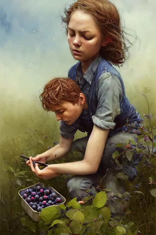 Prompt: kids picking huge blueberries | esoteric symbolism | jean - baptiste monge, esao andrews, bastien lecouffe - deharme, tim jacobus, ken currie | ultra - detailed realism, soft cinematic lighting, hi - fructose, artstation, high - quality, ink watercolors wes anderson poster art