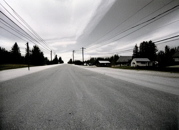 Image similar to A disposable camera picture of an empty street in a small Canadian farm town , Kodak Fling 200, 1983