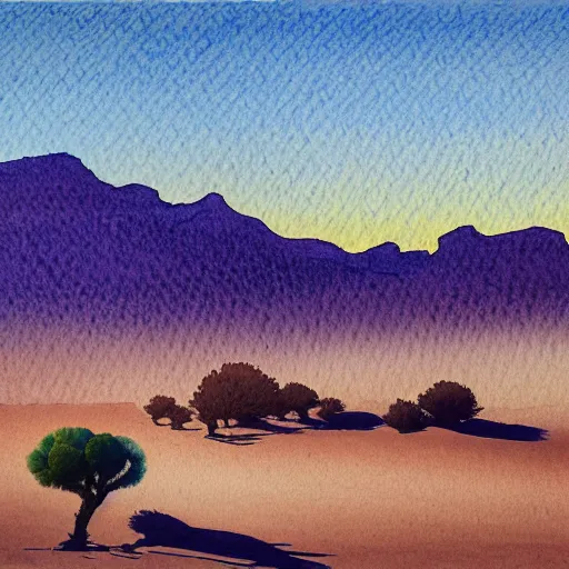 Image similar to desert landscape painting at twilight, watercolor, pen and ink, intricate lines, elegant, extreme detail, smooth, sharp focus, art by greg rutowski and vermeer and edward church