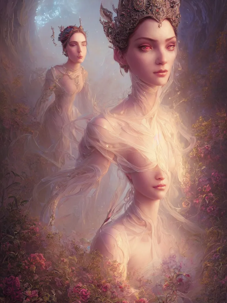 Image similar to highly detailed portrait of beautiful ethereal woman in ornate clothing, stephen bliss, unreal engine, fantasy art by greg rutkowski, loish, rhads, ferdinand knab, makoto shinkai and lois van baarle, ilya kuvshinov, rossdraws, tom bagshaw, global illumination, radiant light, detailed and intricate environment