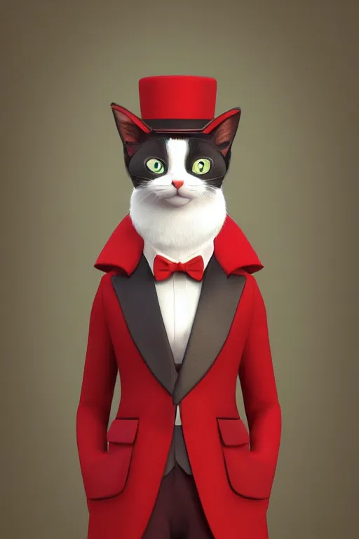 Image similar to a cat wearing a red and green formal overcoat, hyperrealistic, concept art, octane render, unreal engine 5, realistic and defined face, profile picture, digital art, pixar and disney, symmetrical, high quality, highly detailed, high coherence, path traced, house background, low contrast, beautiful