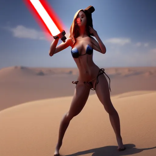 Image similar to highly detailedf figurine, beautiful young woman, slim waist, big bumm, heavy chest, with a light saber, martial art pose, octane render, bikini, volumetric lights, dramatic, highly detailed, messy, hair, in the desert