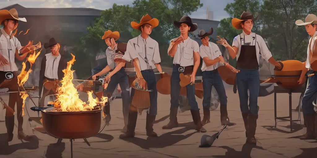 Image similar to BTS dressed as cowboys while cooking BBQ in Texas, Anime art style, action packed scene, CGI render