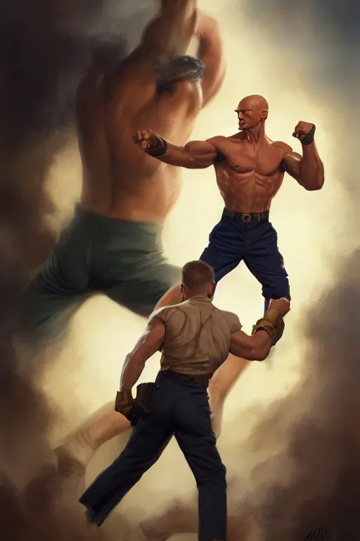 Prompt: photograph of doc savage punching a short man with a german uniform and a small mustache, clear detail, photorealistic, drawn by eric anthony johnson ericanthonyj artstation artgerm greg rutkowski and magali villeneuve 8 k subsurface scattering, hd, 8 k resolution, award winning photo, epic digital art