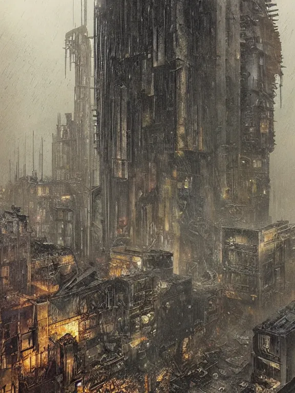 Image similar to a dark ruin city of a heart among the brutalism wreckage buildings in the rain,at dusk,by Hugh Ferriss,James Paick,Greg Rutkowski,aaron horkey,trending on pinterest,Blade Runner 2049,luxury,mythological,ultra realistic,high detail,golden ratio,cinematic lighting,maximalist