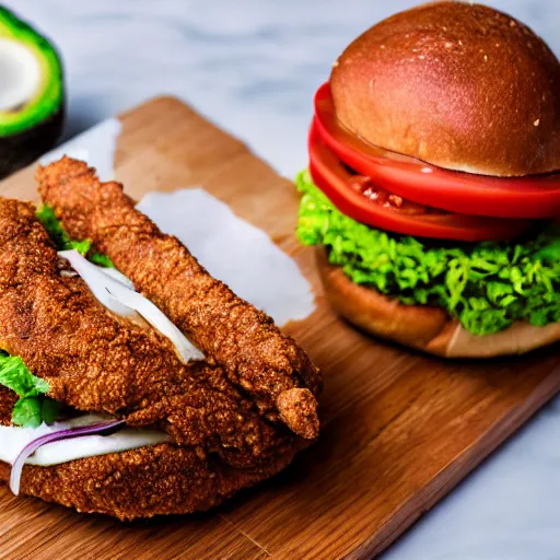 Image similar to Cemitas Fried chicken, chipotle Spread, oaxaca cheese, tomato, cilantro, onion and avocado on sesame seed bun, food photography, 4k