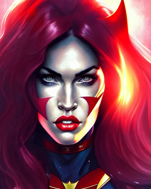 Prompt: portrait of megan fox as batwoman, dc, man of steel, intricate, headshot, highly detailed, digital painting, artstation, concept art, sharp focus, cinematic lighting, illustration, art by artgerm and greg rutkowski, alphonse mucha, cgsociety