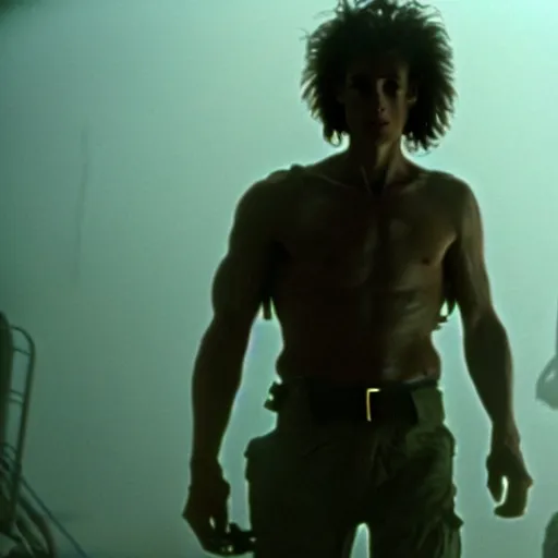 Image similar to tall muscular soldier with rock - like skin texture, still from the movie aliens, fog, dramatic lighting