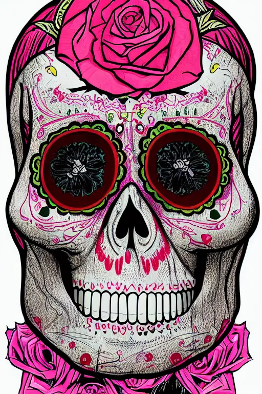 Prompt: Illustration of a sugar skull day of the dead girl, art by kilian eng