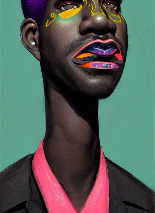 Prompt: portrait of a wide faced black man with a crooked nose and a confident expression, 1 9 6 0 s, black clothes, goth, punk, brightly coloured hair, funk, intricate, elegant, highly detailed, digital painting, artstation, concept art, smooth, sharp focus, illustration, art by wlop, mars ravelo and greg rutkowski