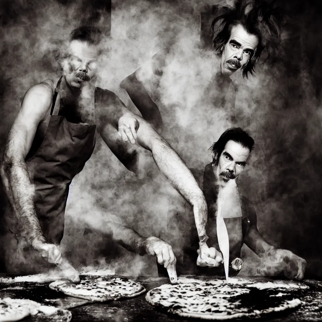 Image similar to award winning photo of nick cave baking pizza, vivid colors, happy, symmetrical face, beautiful eyes, studio lighting, wide shot art by Sally Mann & Arnold Newman