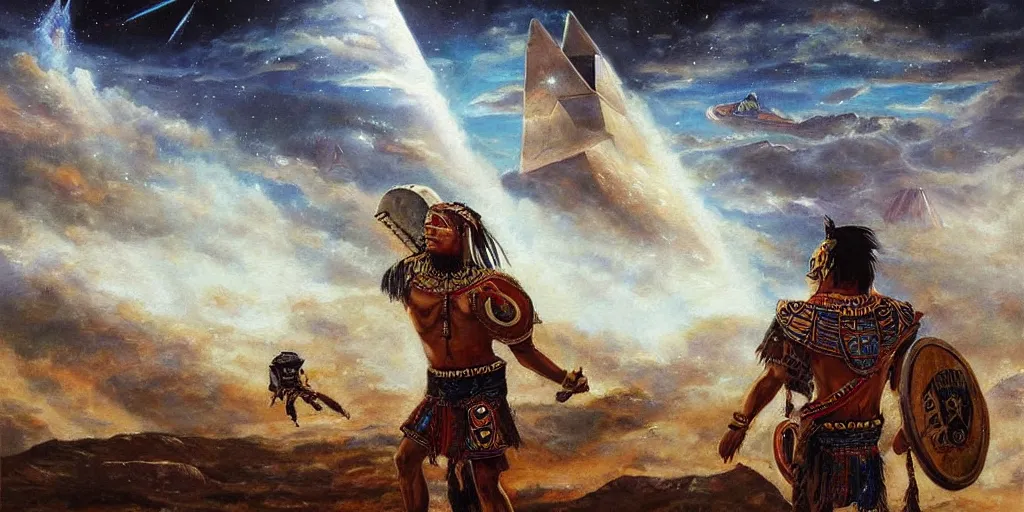 Image similar to simonetti rutkowski epic painting aztec warrior watching spaceship starship in the sky, background is mesoamerican pyramid