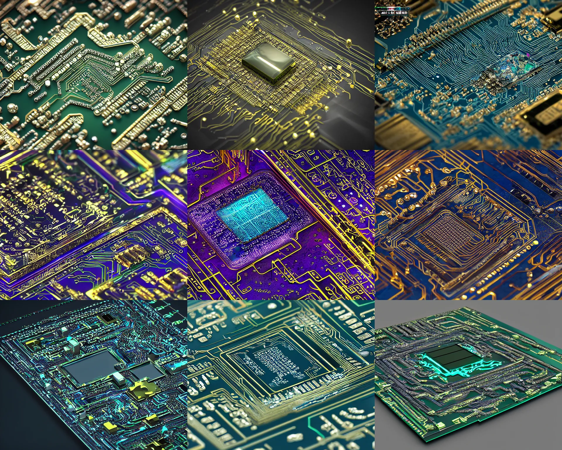 Prompt: circuit board processor, 3 d ray traced photorealistic render, beautiful colors, futuristic, crystal nodes, shiny, high angle shot with sharp realistic intricate detail, precious metals, treasure artifact