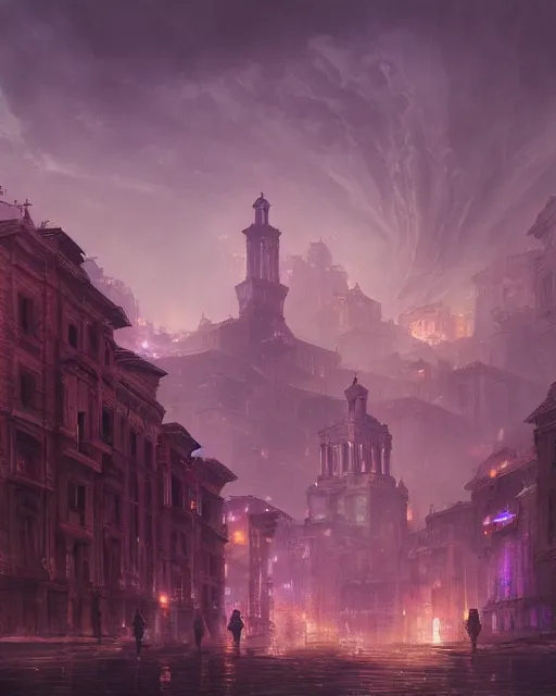 Image similar to eternal city, city of secrets, purple, environment art, fantasy art, landscape art, in the style of greg rutkowski, illustration, epic, fantasy, intricate, hyper detailed, artstation, concept art, smooth, sharp focus, ray tracing