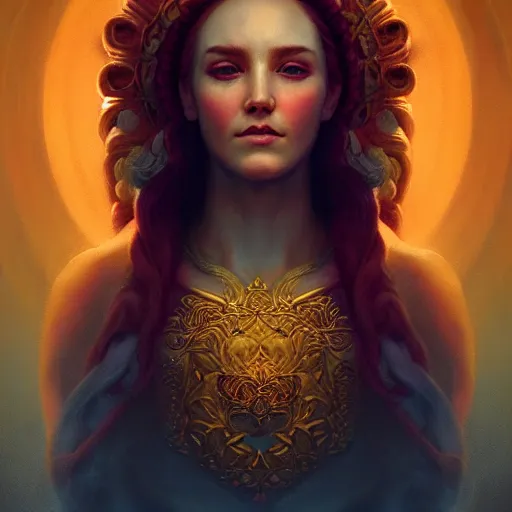 Prompt: majestic gracious regal deity persephone portrait, ancient greece, atmospheric lighting, painted, intricate, volumetric lighting, beautiful, rich deep colours masterpiece, golden hour, sharp focus, ultra detailed, by leesha hannigan, ross tran, thierry doizon, kai carpenter, ignacio fernandez rios